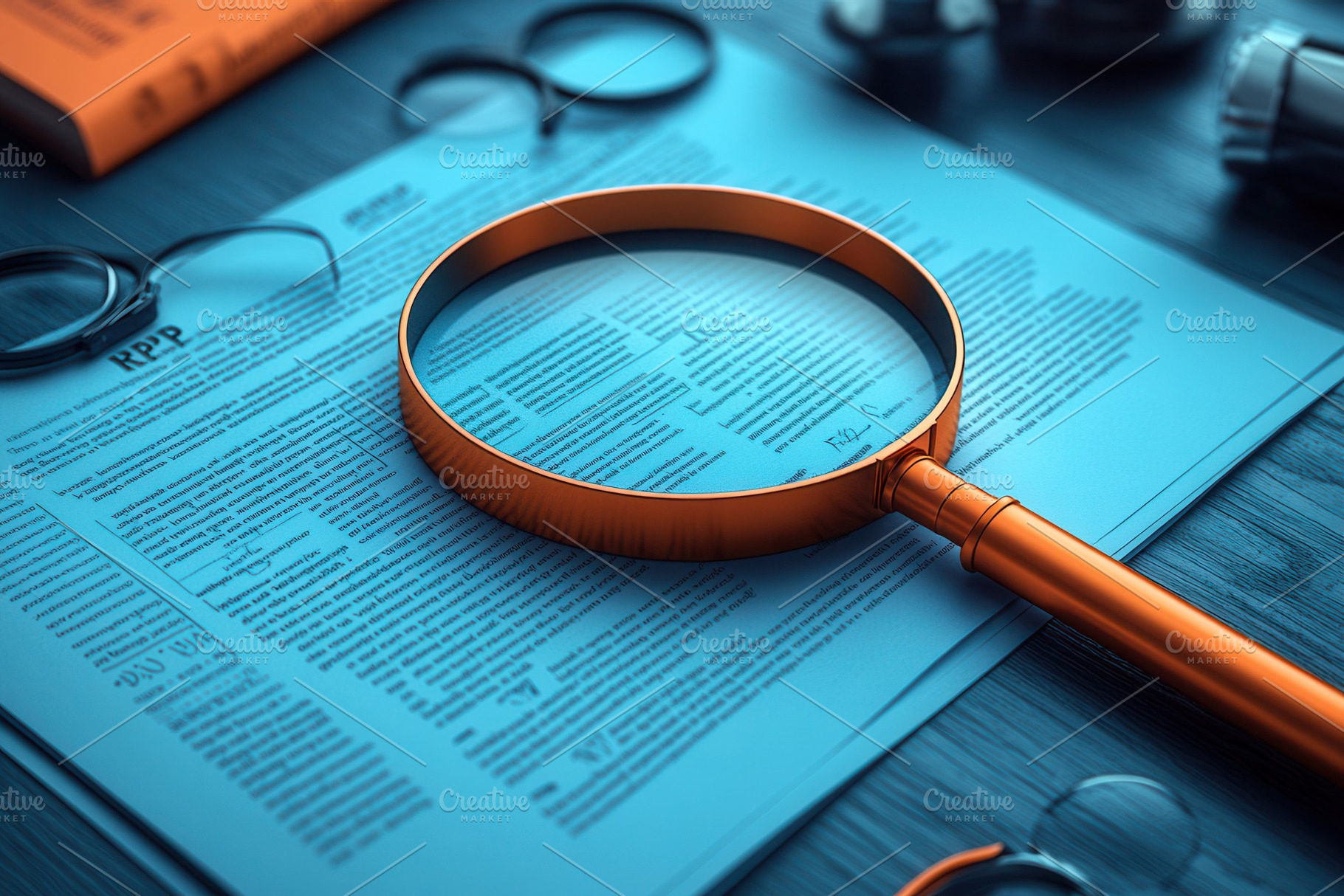 Magnifying glass on a detailed docum, a Photo by Tanuart