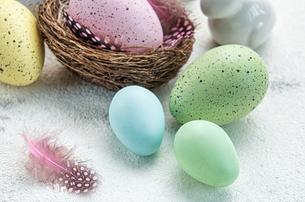 Easter background. Easter eggs in nest with decor., a Holiday Photo by Olena Rudo