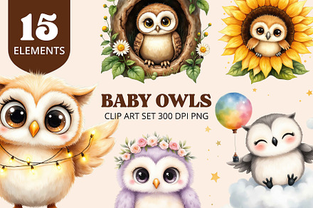 Cute Baby Owl Clipart PNG Set