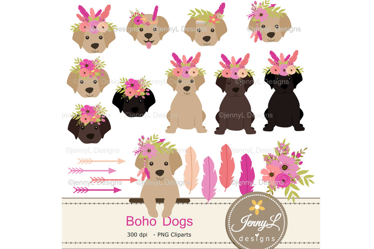Boho Dogs Digital papers & Clipart, an Animal Illustration by JennyL Designs (Photo 2 of 6)