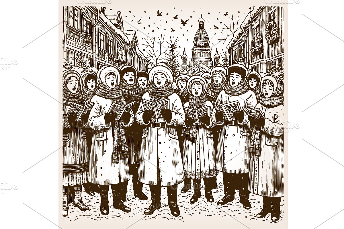 Christmas carolers singing in winter, an Illustration by AlexArt