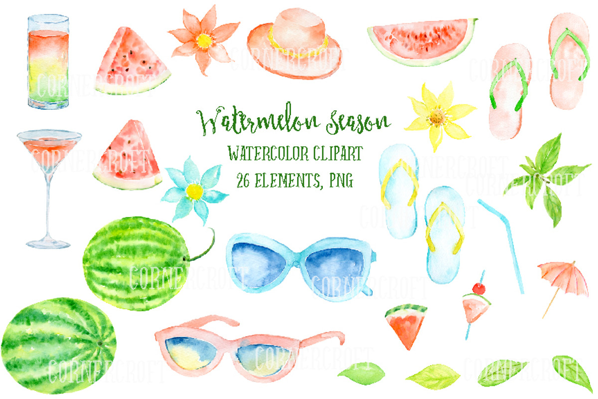 Watercolor Clipart Watermelon Season, a Decorative Illustration by Corner Croft (Photo 2 of 3)