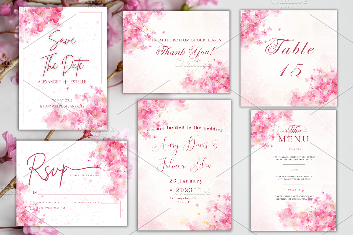 Pink Cherry Blossom Wedding Suite, a Print Template by TheSimplySereneShop (Photo 2 of 7)