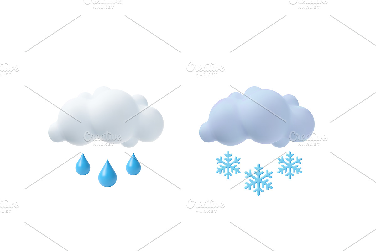 3D weather icons of rain and snow, an Object Illustration by ModVector