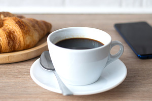 Buttered whole wheat toast with black coffee and smartphone, a Food & Drink Photo by etorres69
