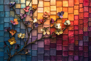 Colorful Floral Branch on Mosaic Bac, a Photo by Pixeness Studio
