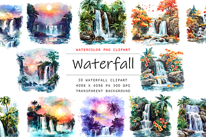 Watercolor Waterfalls Clipart, a Decorative Illustration by stickermadness