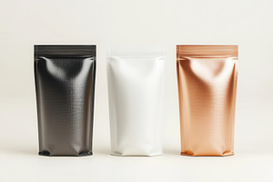 Three standing pouch bags in copper, a Photo by Pavel_design