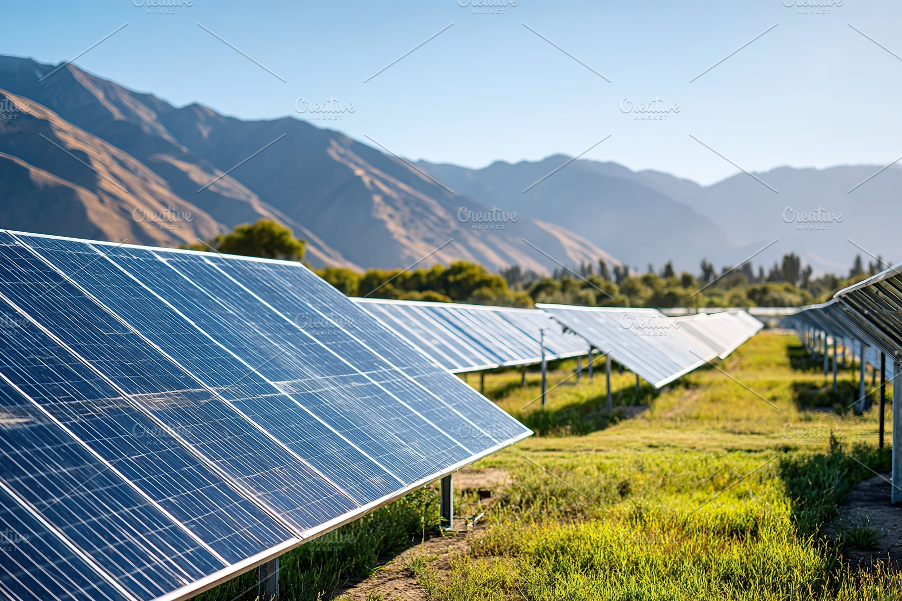 Solar panels stretch across green landscape under clear blue sky near mountains, a Photo by AlyaAnd