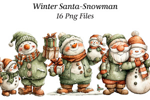 Winter Santa-Snowman Clipart, an Illustration by CraftArtStudio