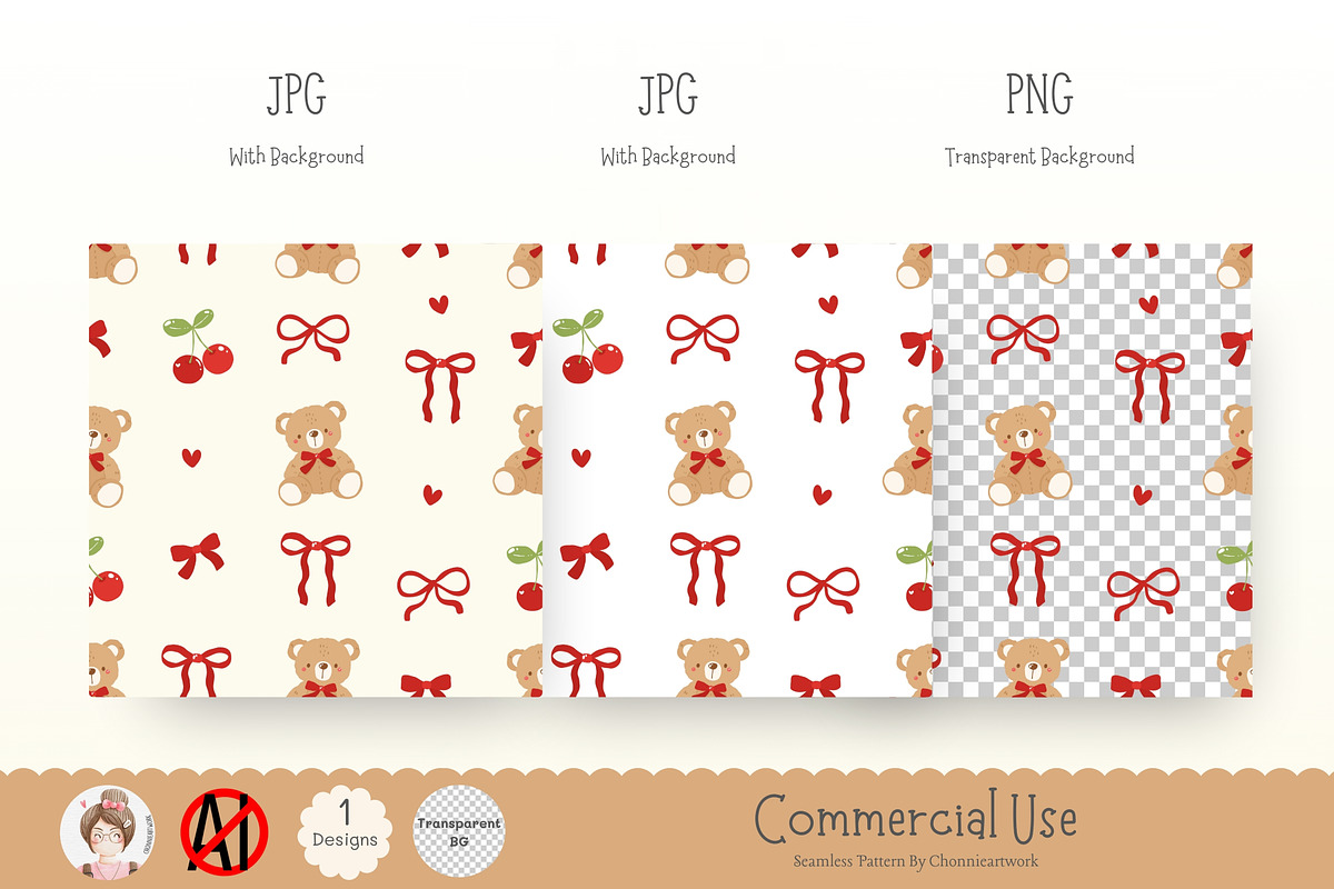 Coquette Teddy Bear With Bow, a Pattern Graphic by Chonnieartwork (Photo 3 of 5)