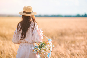 Beautiful girl in wheat field with r featuring wheat, woman, and field