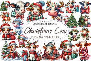 Whimsical Christmas Cow Clipart PNG, an Illustration by designcity5