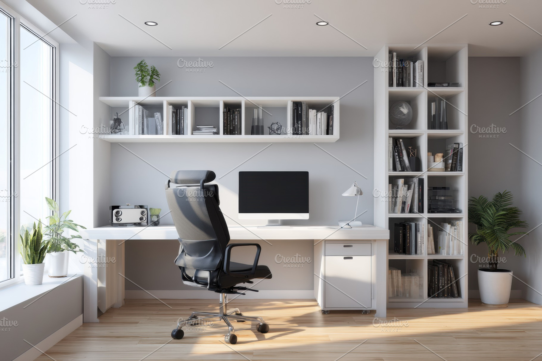 Minimal home office with white desk, an Architecture Photo by Virgo Studio