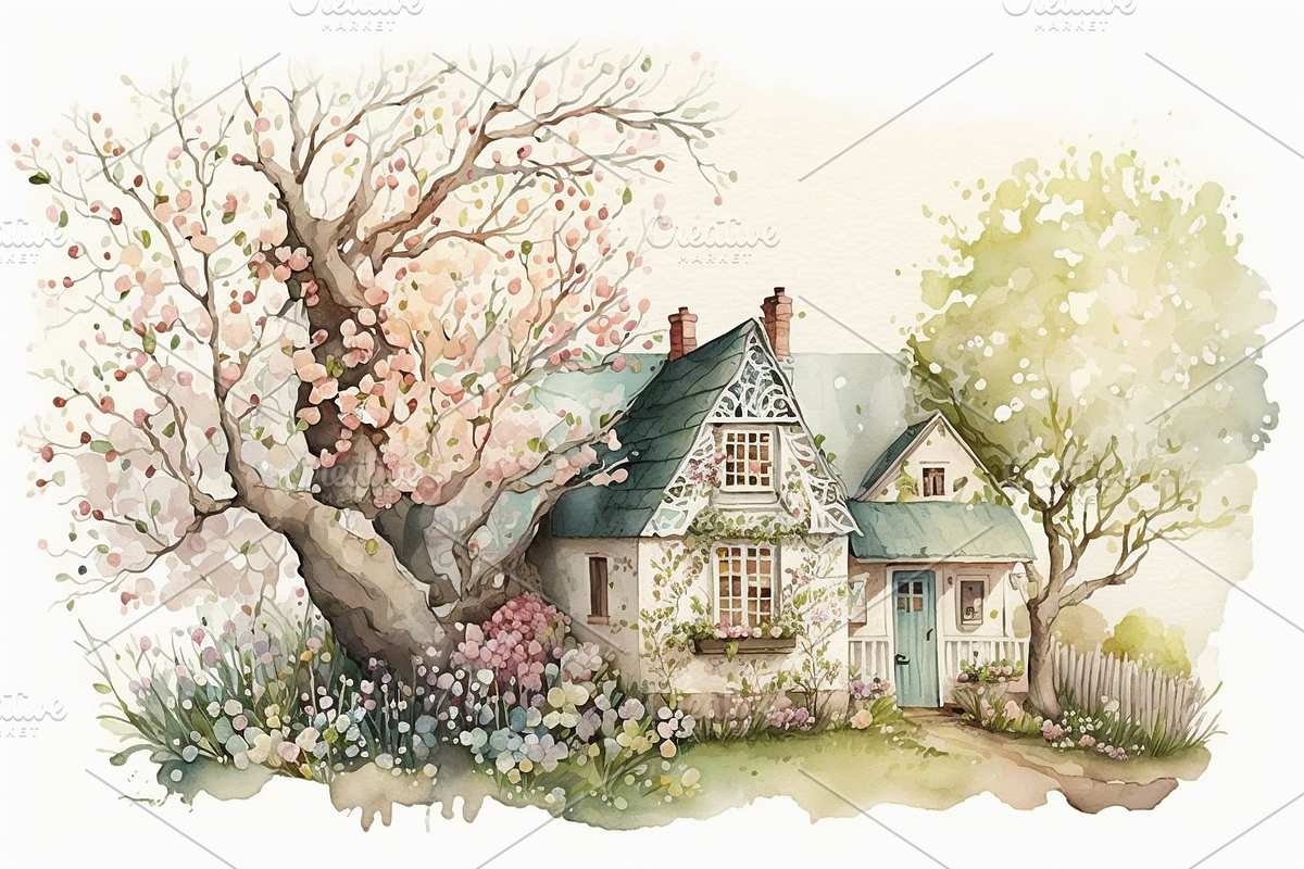 Spring Cottage Watercolor Collection, a Seasonal Illustration by OREJE (Photo 3 of 17)