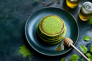 Matcha pancakes with honey on dark background, a Food & Drink Photo by Photostock