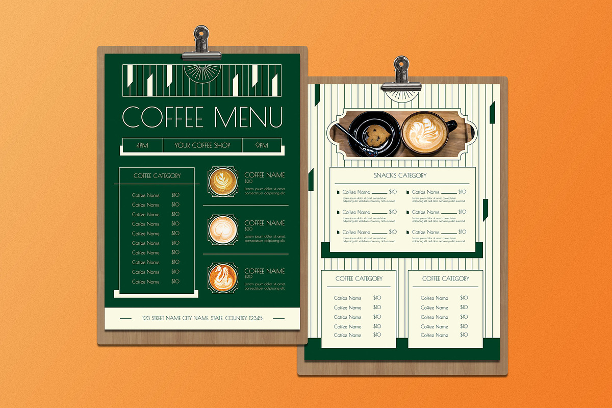 Green Art Deco Coffee Shop Food Menu, a Flyer Template by Aiyari Graphic (Photo 1 of 3)