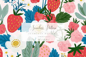 Strawberry Raspberry Floral Seamless, a Pattern Graphic by Pati Charm Studio