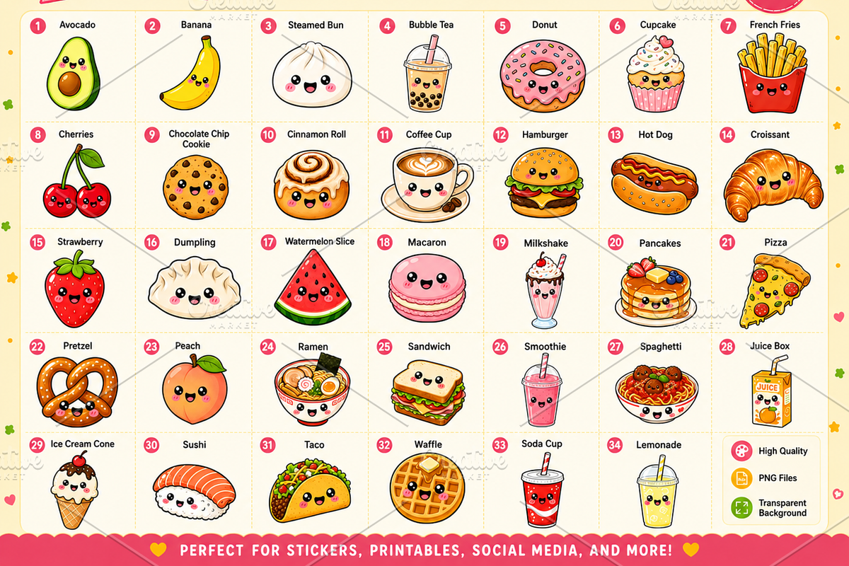 Cute Kawaii Food and Drinks Clipart, a Food Illustration by QM_ART (Photo 2 of 4)