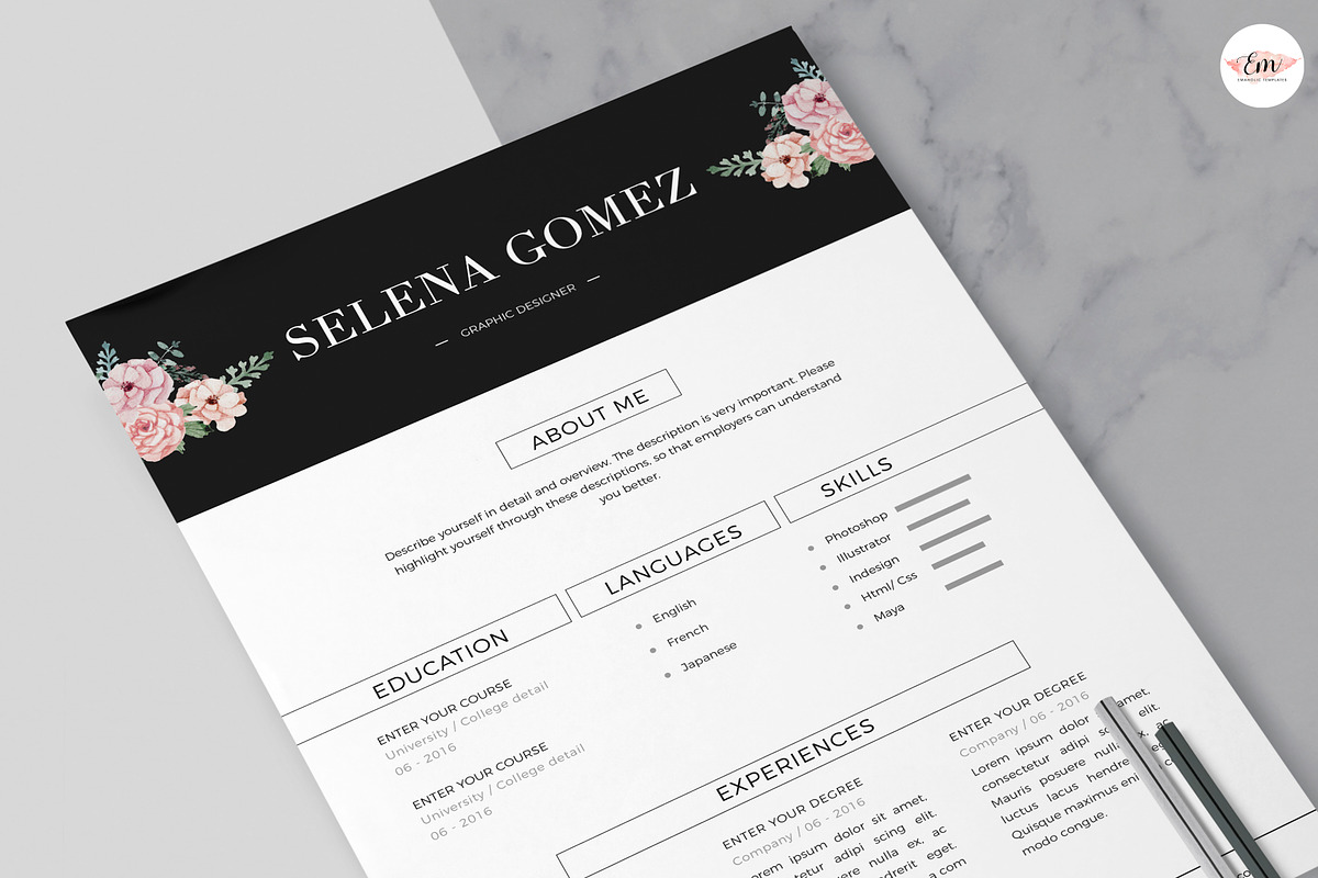 Floral CV Design, a Resume Template by Emaholic Template