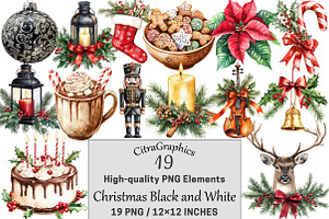 Christmas Black and White Watercolor, a Seasonal Illustration by CitraGraphics