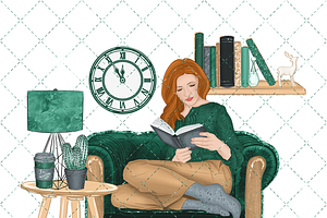 Bookworm Watercolor Fashion Clipart