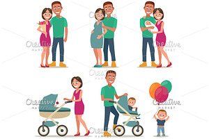 Stages Of Creating Family. Love, Pregnancy, Birth. Couple And Child.