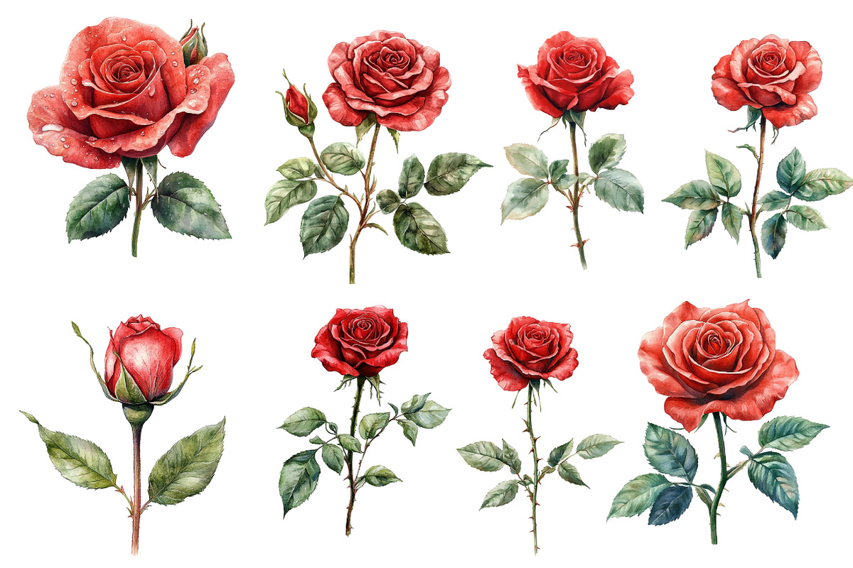 Watercolor Red Rose Clipart, an Illustration by Designworld (Photo 2 of 4)