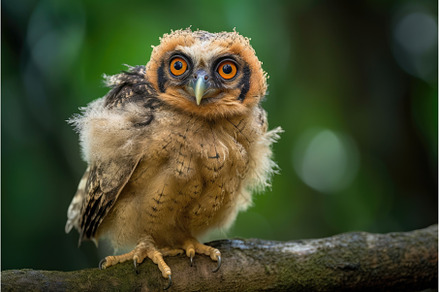 baby owl, perched on branch with its, an Animal Photo by Sergey Kotenev