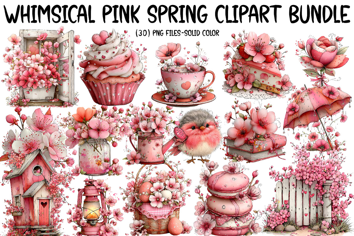 Whimsical Pink Spring Clipart Bundle, an Illustration by Designworld (Photo 1 of 7)