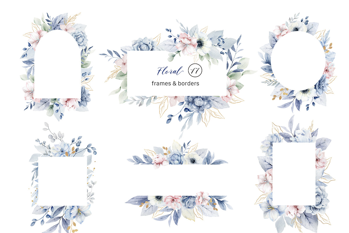 Blue Watercolor Floral Cliparts, a Decorative Illustration by Elena Medvedeva (Photo 4 of 7)