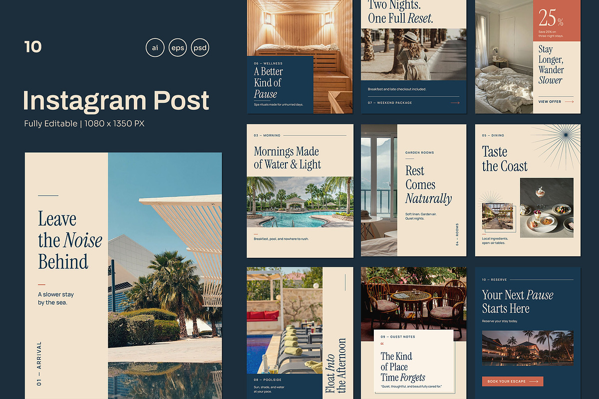 Riviera - Resort Instagram Post Pack, a Social Media Template by Pitchlook.Studio (Photo 1 of 3)