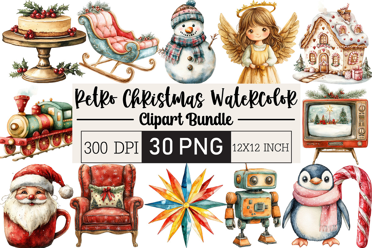 Retro Christmas Watercolor Clipart, an Illustration by Black Bird Studio (Photo 1 of 6)