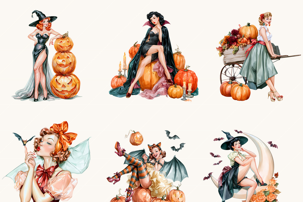 Watercolor Halloween Pin Up Witch, a Seasonal Illustration by BusyDaydesign (Photo 3 of 9)