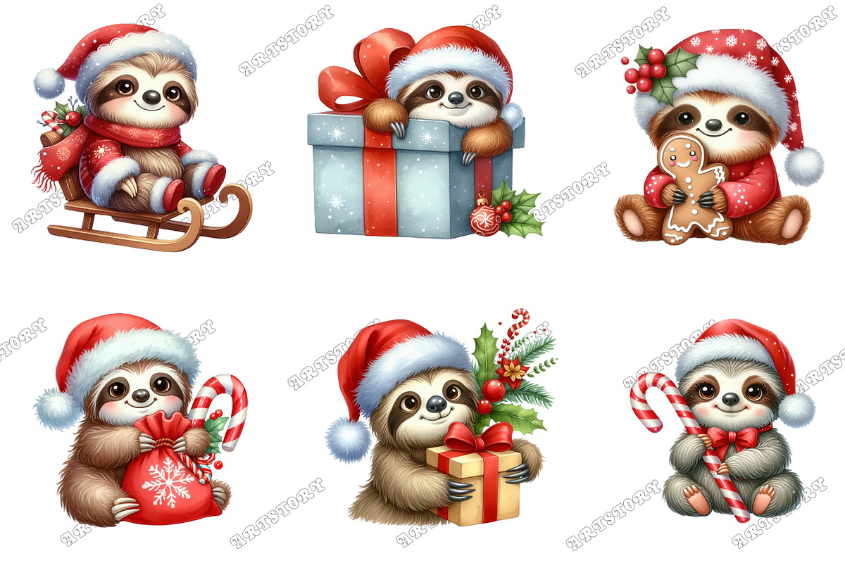 Cute Sloth Christmas Clipart PNG, an Illustration by designcity5 (Photo 2 of 5)