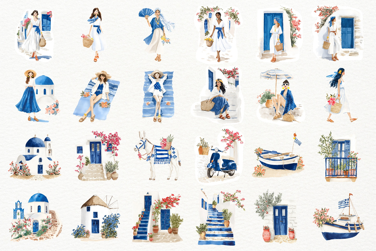 Summer Greece Watercolor Clipart, a Seasonal Illustration by Nicolle's Colorful Art (Photo 2 of 5)