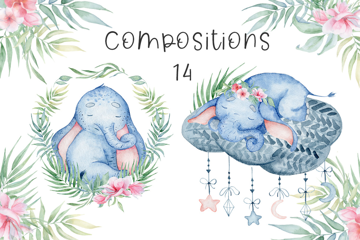 Lovely Elephants Watercolor set, an Animal Illustration by Evgeniia