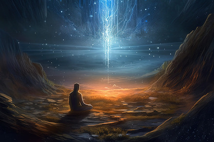 Person meditating in a magical natural environment at night, obs, a Nature Photo by Studio Light & Shade