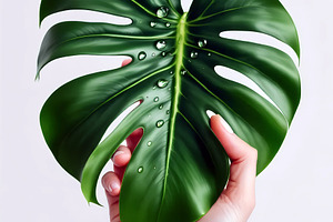 Hand Holding a Wet Monstera Leaf Aga, a Nature Photo by Stock Shape