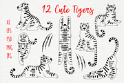 12 Cute Tigers - Clip Art & Pattern, an Animal Illustration by Baksiabat (Thumbnail 2 of 7)