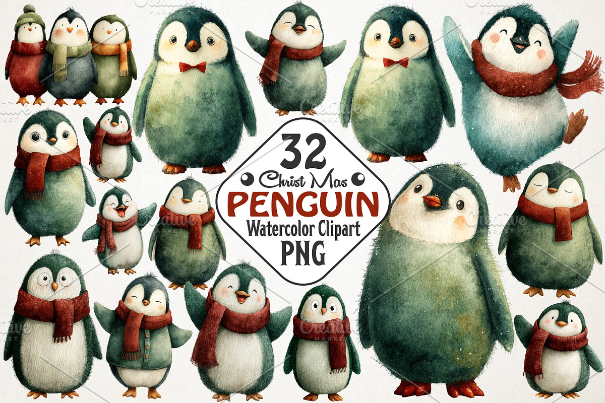 Christmas Penguin Watercolor Clipart, an Illustration by RobertsArt (Photo 1 of 7)