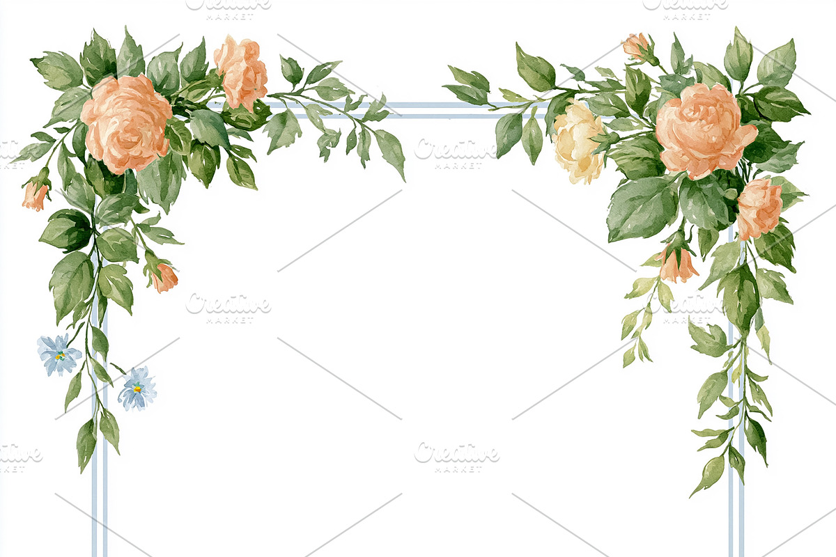 Vintage baby carriage and floral rose frame watercolor illustrat, an Illustration by Studio ANNA