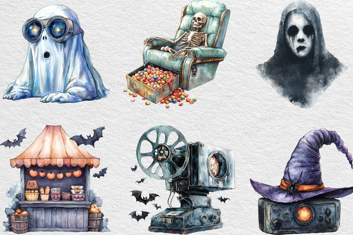 Vintage Halloween Cinema Clipart, an Illustration by Black Bird Studio (Photo 2 of 6)