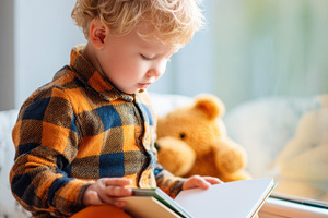 Toddler reading a book in a cozy setting, a Person Photo by AlyaAnd