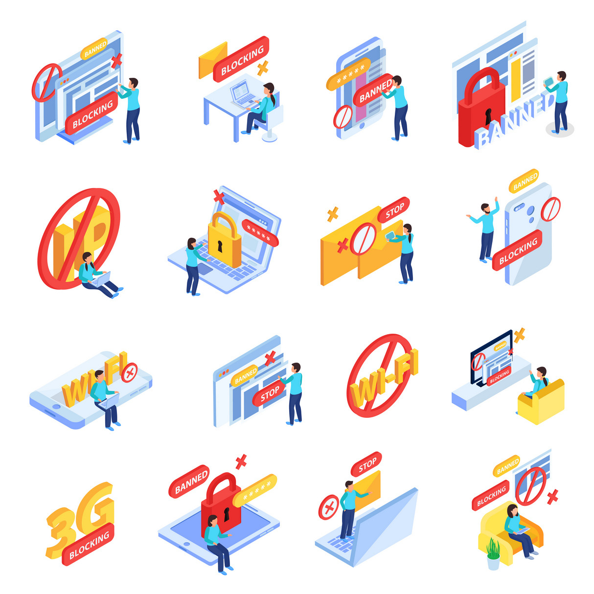 Blocking internet isometric icons | Outline Icons ~ Creative Market