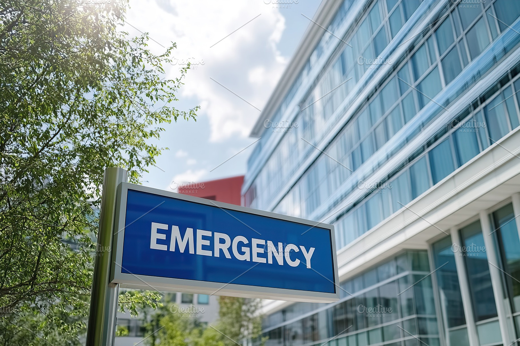 Bright red emergency signage prominently displayed outside a modern healthcare, a Health & Medical Photo by AlyaAnd