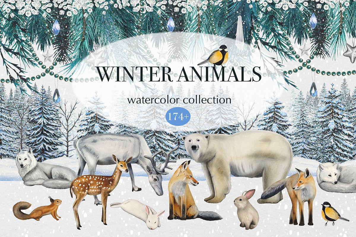 Winter Animal Watercolor Clipart Set, an Animal Illustration by DiashaArt (Photo 1 of 22)