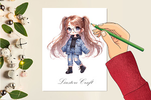 Watercolor Denim Girl Clipart