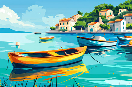 Vibrant boats float gently on calm w, a Photo by Tanuart