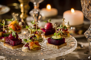 Gourmet appetizers and canapes served on elegant crystal dishes,, a Photo by Studio ANNA